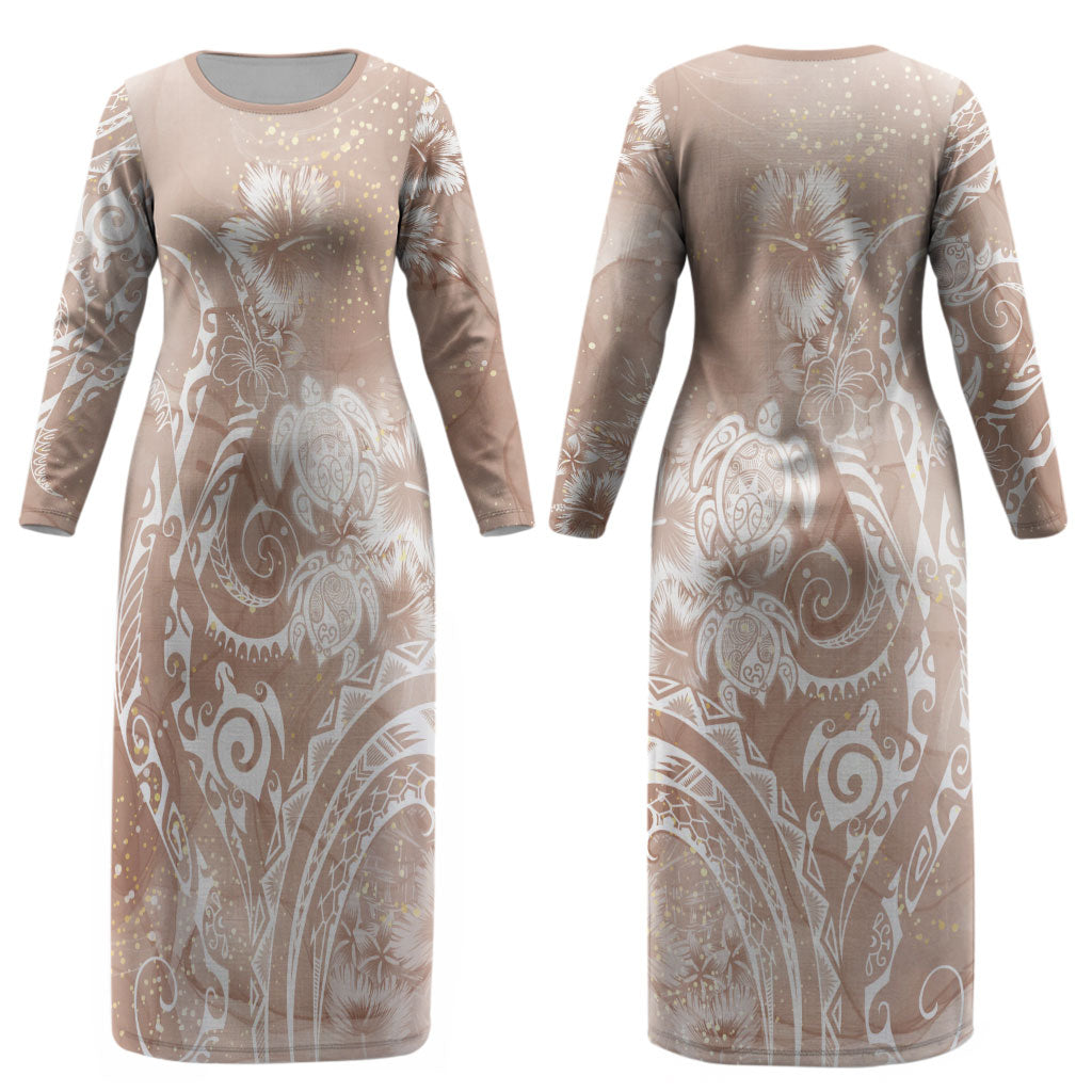 Aloha Hawaii Turtles Floral Couples Matching Long Sleeve Bodycon Dress and Hawaiian Shirt Taupe Marbles Glaze LT7 - Polynesian Pride