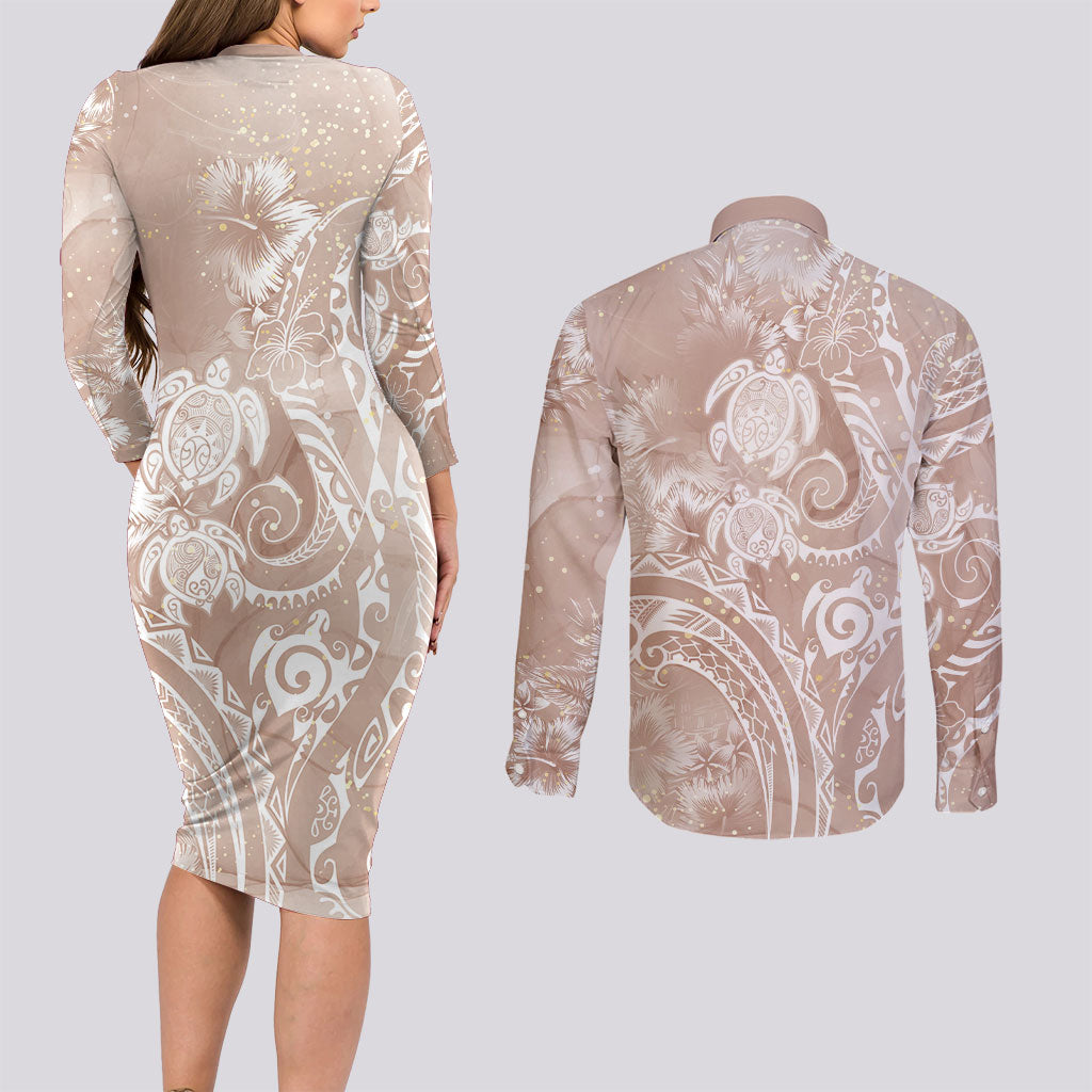 Aloha Hawaii Turtles Floral Couples Matching Long Sleeve Bodycon Dress and Long Sleeve Button Shirt Taupe Marbles Glaze
