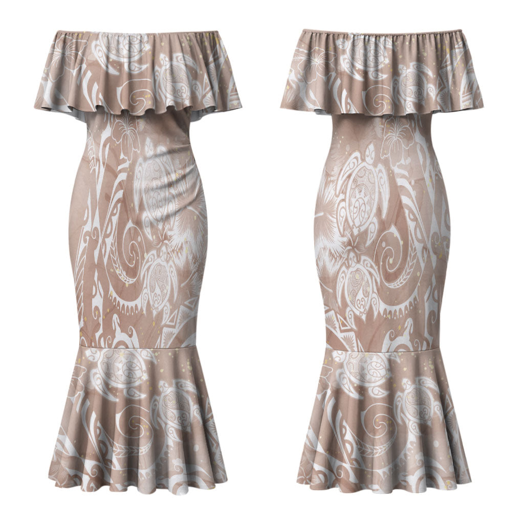 Aloha Hawaii Turtles Floral Couples Matching Mermaid Dress and Hawaiian Shirt Taupe Marbles Glaze LT7 - Polynesian Pride