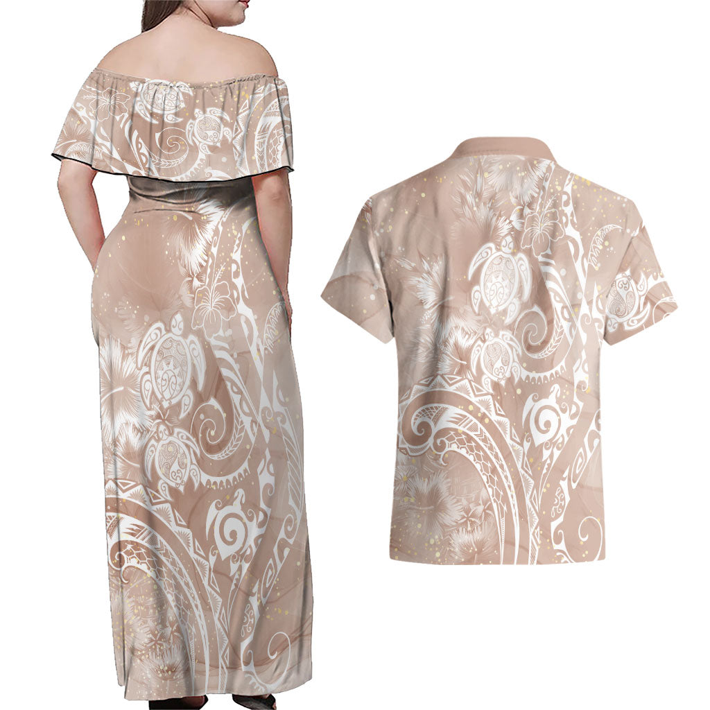 Aloha Hawaii Turtles Floral Couples Matching Off Shoulder Maxi Dress and Hawaiian Shirt Taupe Marbles Glaze