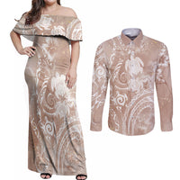 Aloha Hawaii Turtles Floral Couples Matching Off Shoulder Maxi Dress and Long Sleeve Button Shirt Taupe Marbles Glaze