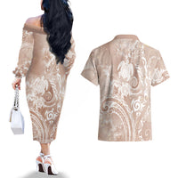Aloha Hawaii Turtles Floral Couples Matching Off The Shoulder Long Sleeve Dress and Hawaiian Shirt Taupe Marbles Glaze