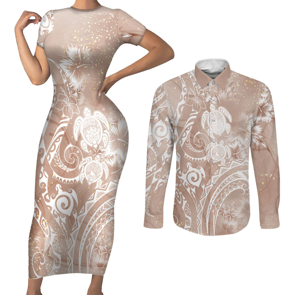 Aloha Hawaii Turtles Floral Couples Matching Short Sleeve Bodycon Dress and Long Sleeve Button Shirt Taupe Marbles Glaze