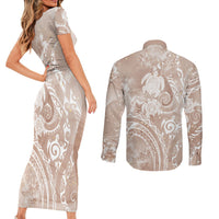 Aloha Hawaii Turtles Floral Couples Matching Short Sleeve Bodycon Dress and Long Sleeve Button Shirt Taupe Marbles Glaze