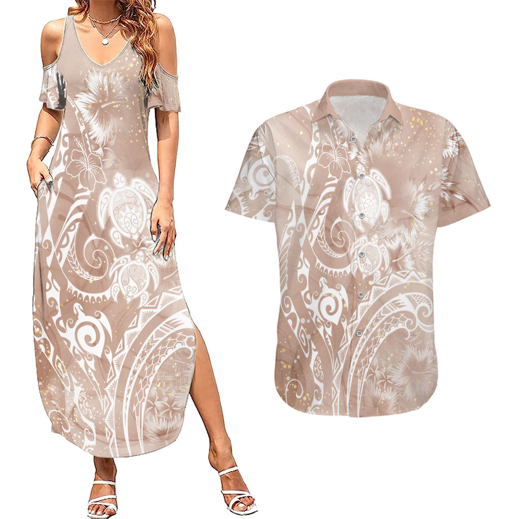 Aloha Hawaii Turtles Floral Couples Matching Summer Maxi Dress and Hawaiian Shirt Taupe Marbles Glaze