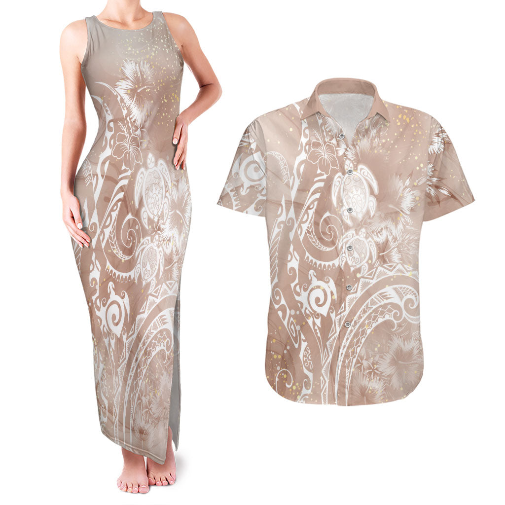 Aloha Hawaii Turtles Floral Couples Matching Tank Maxi Dress and Hawaiian Shirt Taupe Marbles Glaze