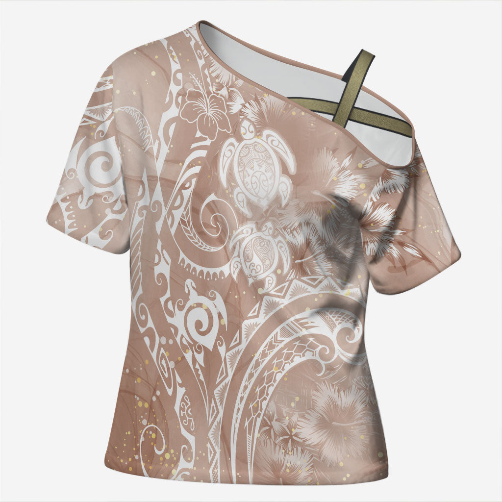 Aloha Hawaii Turtles Floral Cross Shoulder Shirt Taupe Marbles Glaze
