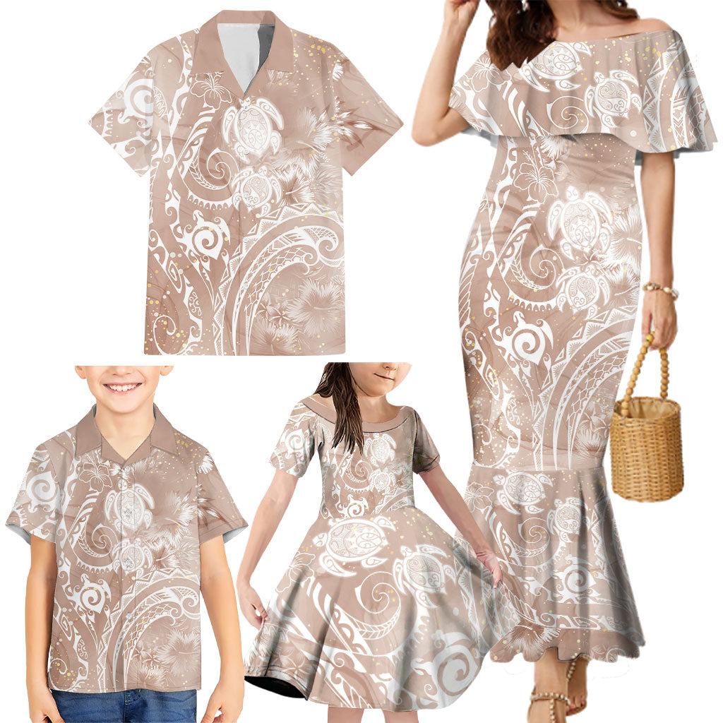 Aloha Hawaii Turtles Floral Family Matching Mermaid Dress and Hawaiian Shirt Taupe Marbles Glaze LT7 - Polynesian Pride