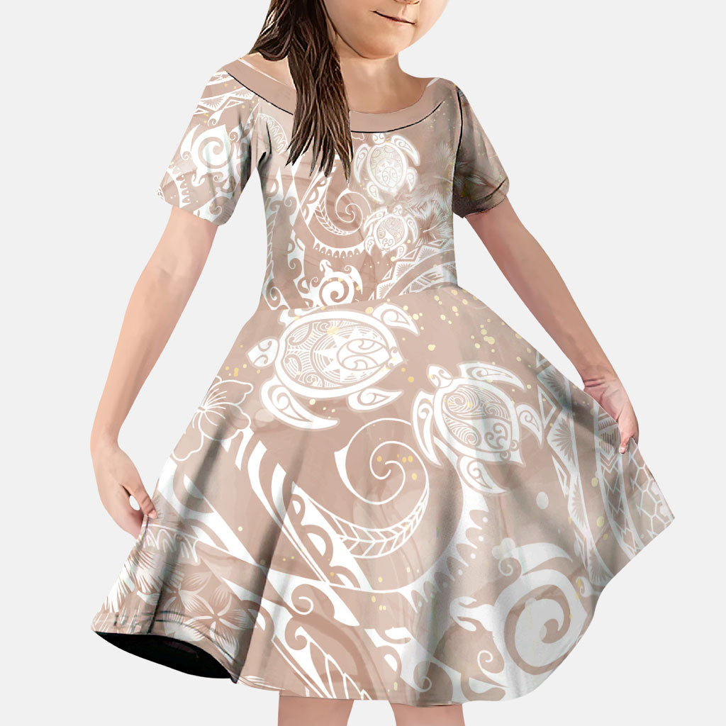 Aloha Hawaii Turtles Floral Family Matching Off The Shoulder Long Sleeve Dress and Hawaiian Shirt Taupe Marbles Glaze