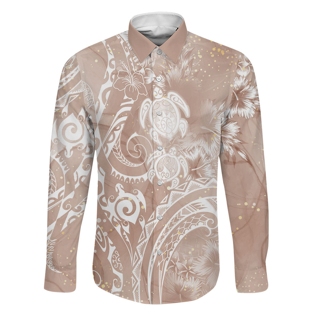 Aloha Hawaii Turtles Floral Family Matching Off The Shoulder Long Sleeve Dress and Hawaiian Shirt Taupe Marbles Glaze