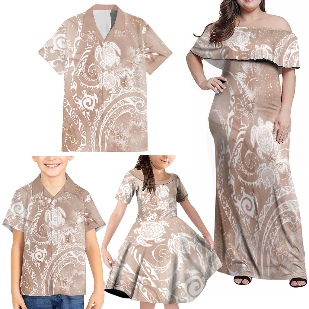 Aloha Hawaii Turtles Floral Family Matching Off Shoulder Maxi Dress and Hawaiian Shirt Taupe Marbles Glaze LT7 - Polynesian Pride