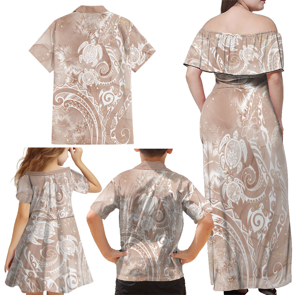 Aloha Hawaii Turtles Floral Family Matching Off Shoulder Maxi Dress and Hawaiian Shirt Taupe Marbles Glaze