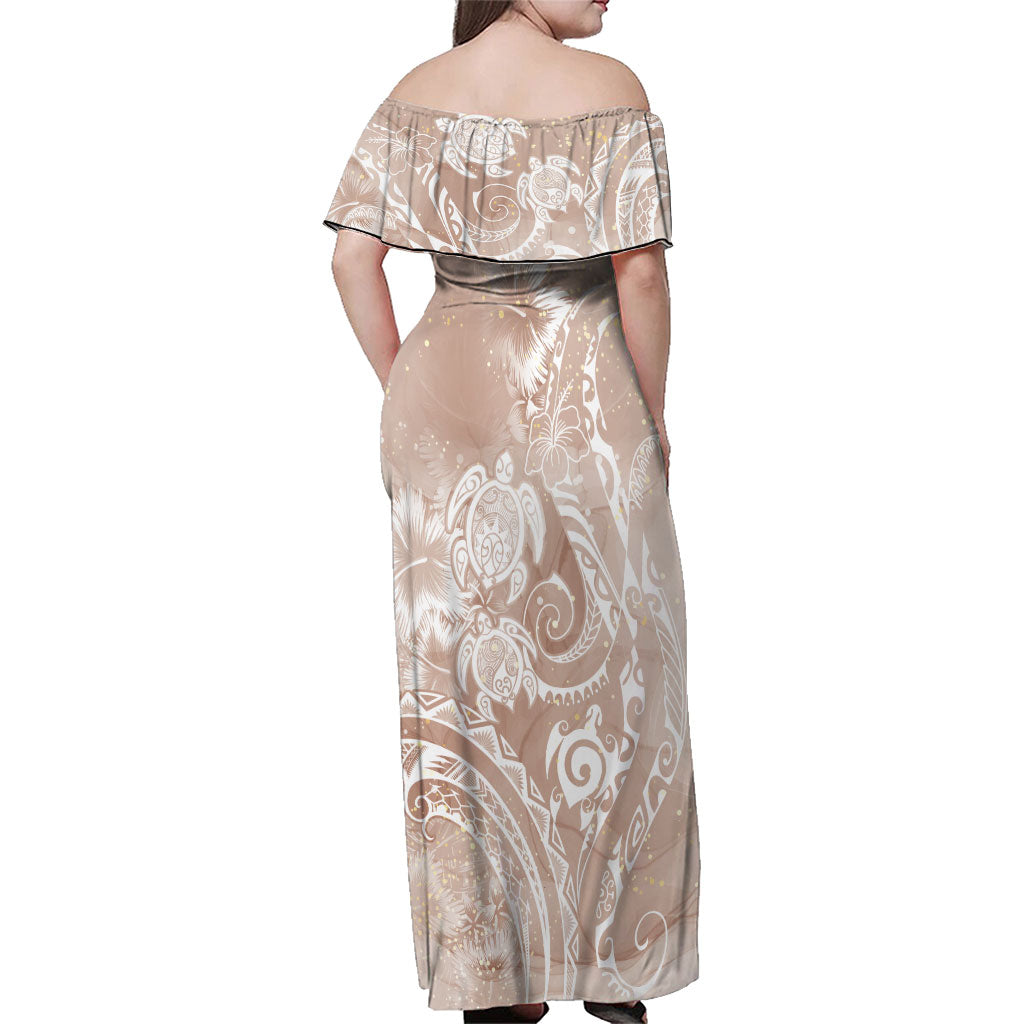 Aloha Hawaii Turtles Floral Family Matching Off Shoulder Maxi Dress and Hawaiian Shirt Taupe Marbles Glaze