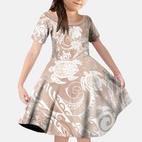 Aloha Hawaii Turtles Floral Family Matching Off Shoulder Short Dress and Hawaiian Shirt Taupe Marbles Glaze