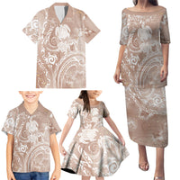 Aloha Hawaii Turtles Floral Family Matching Puletasi and Hawaiian Shirt Taupe Marbles Glaze