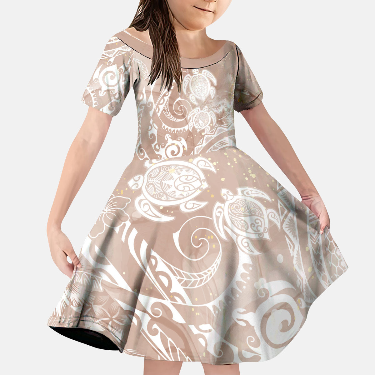 Aloha Hawaii Turtles Floral Kid Short Sleeve Dress Taupe Marbles Glaze LT7 KID Taupe - Polynesian Pride