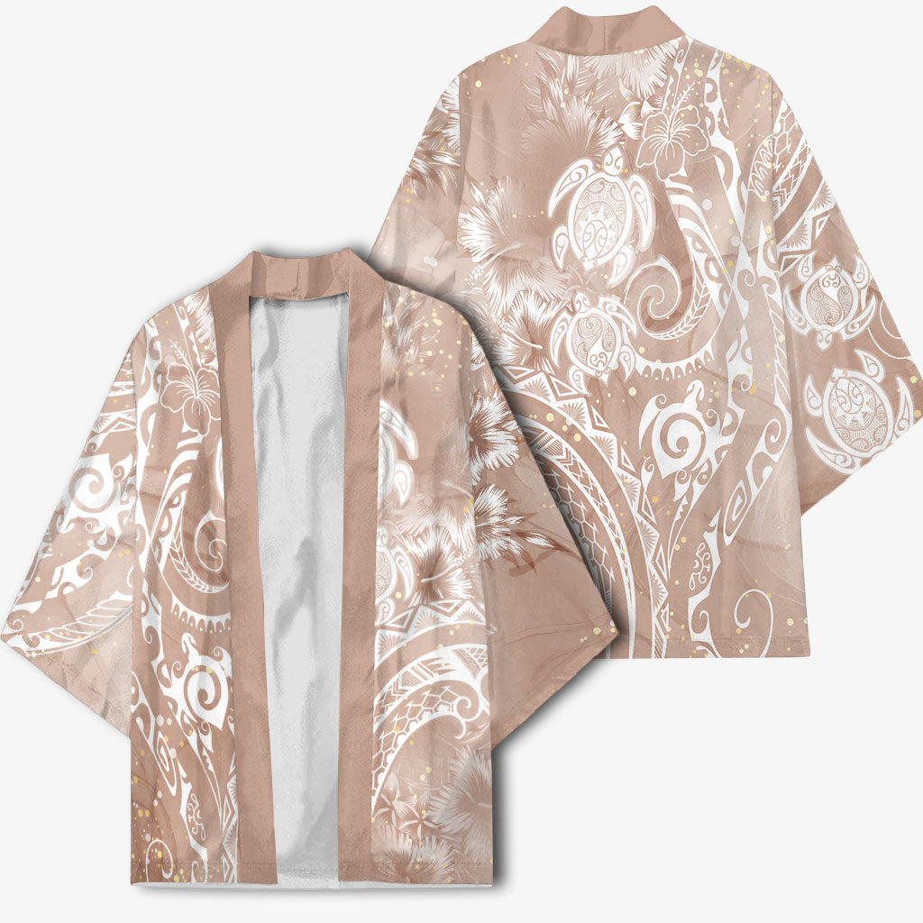 Aloha Hawaii Turtles Floral Kimono Taupe Marbles Glaze