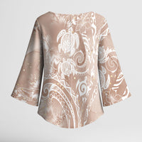 Aloha Hawaii Turtles Floral Kimono Sleeve Blouse Taupe Marbles Glaze