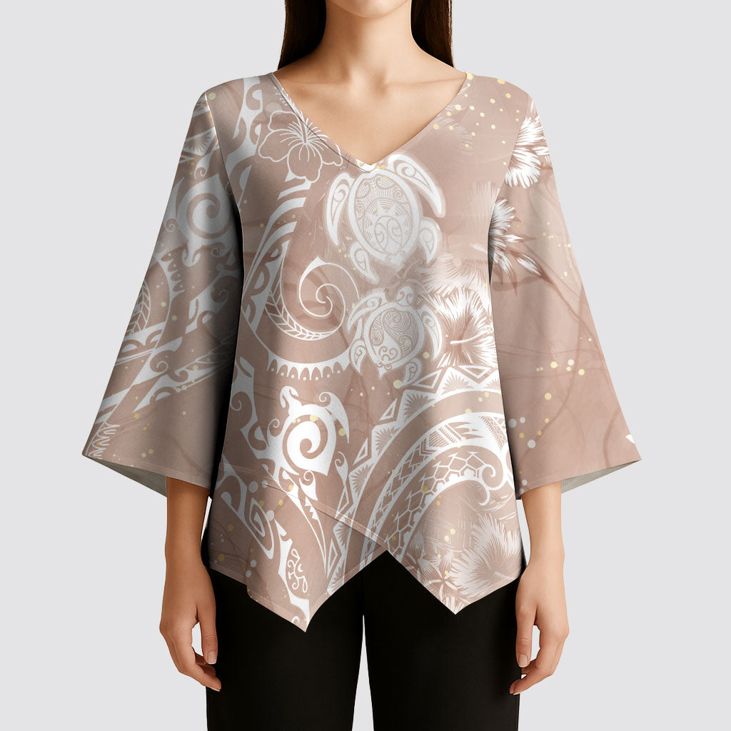 Aloha Hawaii Turtles Floral Kimono Sleeve Blouse Taupe Marbles Glaze