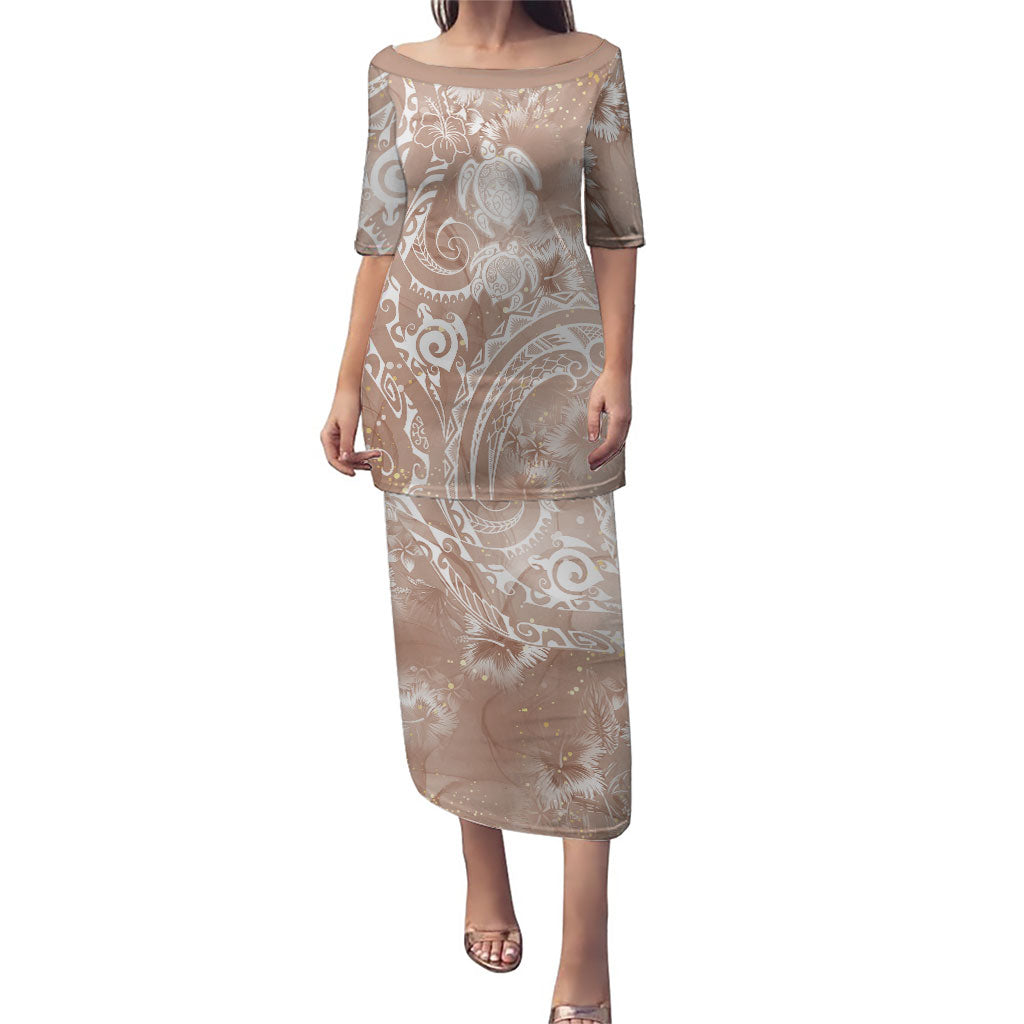 Aloha Hawaii Turtles Floral Puletasi Taupe Marbles Glaze LT7 Long Dress Taupe - Polynesian Pride