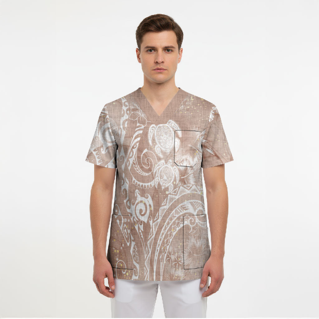 Aloha Hawaii Turtles Floral Scrub Top Taupe Marbles Glaze