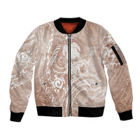 Aloha Hawaii Turtles Floral Sleeve Zip Bomber Jacket Taupe Marbles Glaze