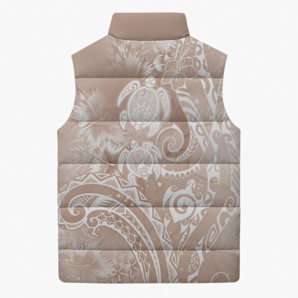 Aloha Hawaii Turtles Floral Sleeveless Puffer Jacket Taupe Marbles Glaze