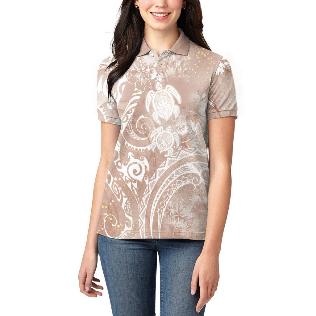 Aloha Hawaii Turtles Floral Women Polo Shirt Taupe Marbles Glaze
