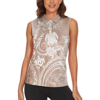 Aloha Hawaii Turtles Floral Women Sleeveless Polo Shirt Taupe Marbles Glaze