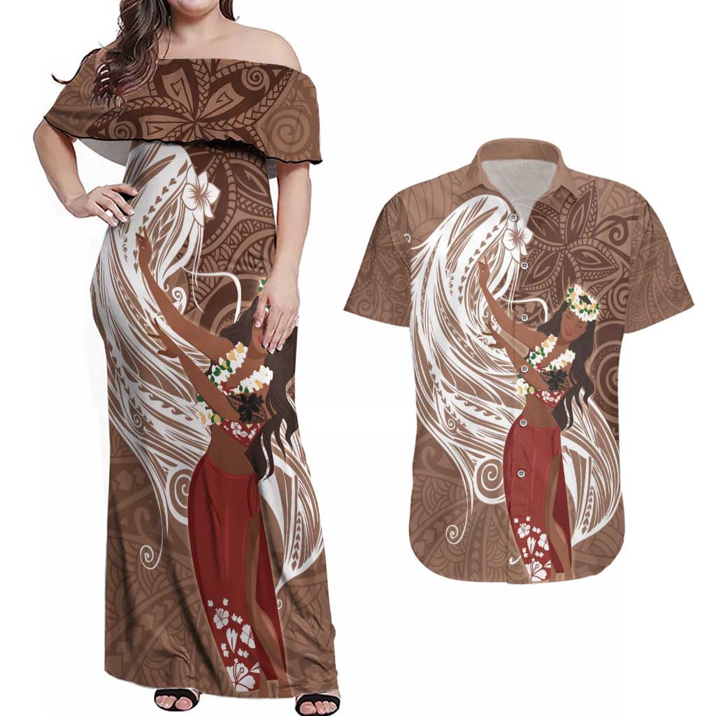 Tahiti Islands Polynesian Plumeria Couples Matching Off Shoulder Maxi Dress and Hawaiian Shirt Tahitian Vahine 'Ote'a - Beige LT7 Beige - Polynesian Pride