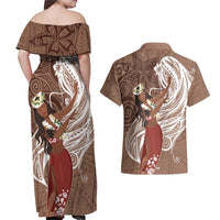 Tahiti Islands Polynesian Plumeria Couples Matching Off Shoulder Maxi Dress and Hawaiian Shirt Tahitian Vahine 'Ote'a - Beige LT7 - Polynesian Pride