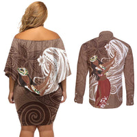 Tahiti Islands Polynesian Plumeria Couples Matching Off Shoulder Short Dress and Long Sleeve Button Shirt Tahitian Vahine 'Ote'a - Beige