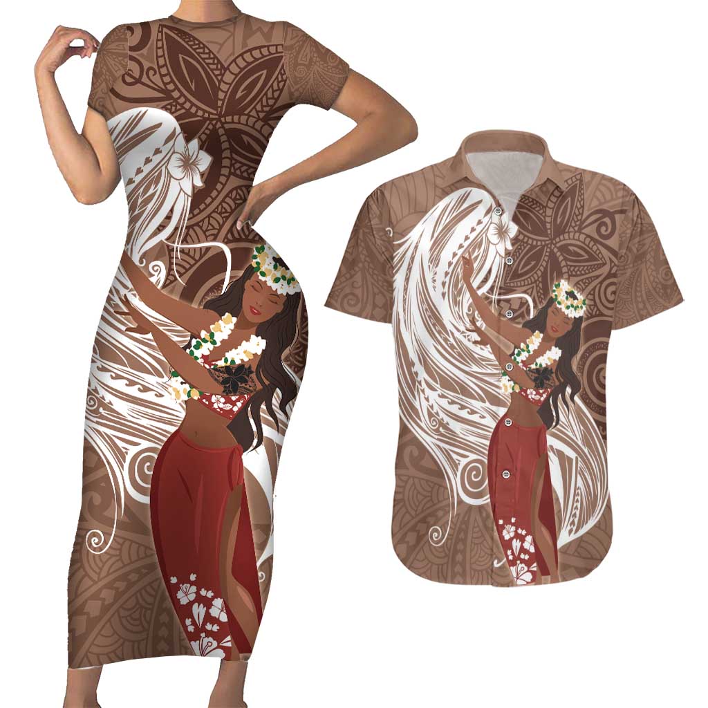 Tahiti Islands Polynesian Plumeria Couples Matching Short Sleeve Bodycon Dress and Hawaiian Shirt Tahitian Vahine 'Ote'a - Beige LT7 Beige - Polynesian Pride