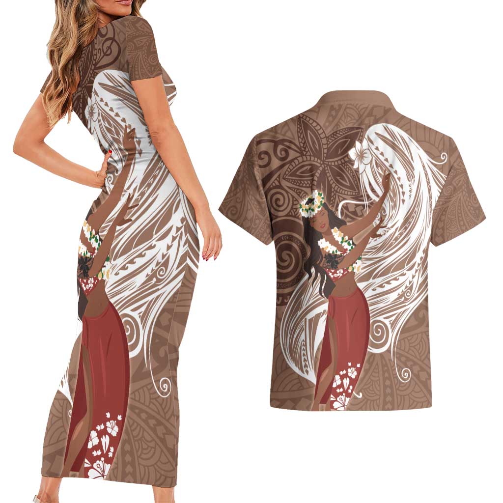 Tahiti Islands Polynesian Plumeria Couples Matching Short Sleeve Bodycon Dress and Hawaiian Shirt Tahitian Vahine 'Ote'a - Beige LT7 - Polynesian Pride