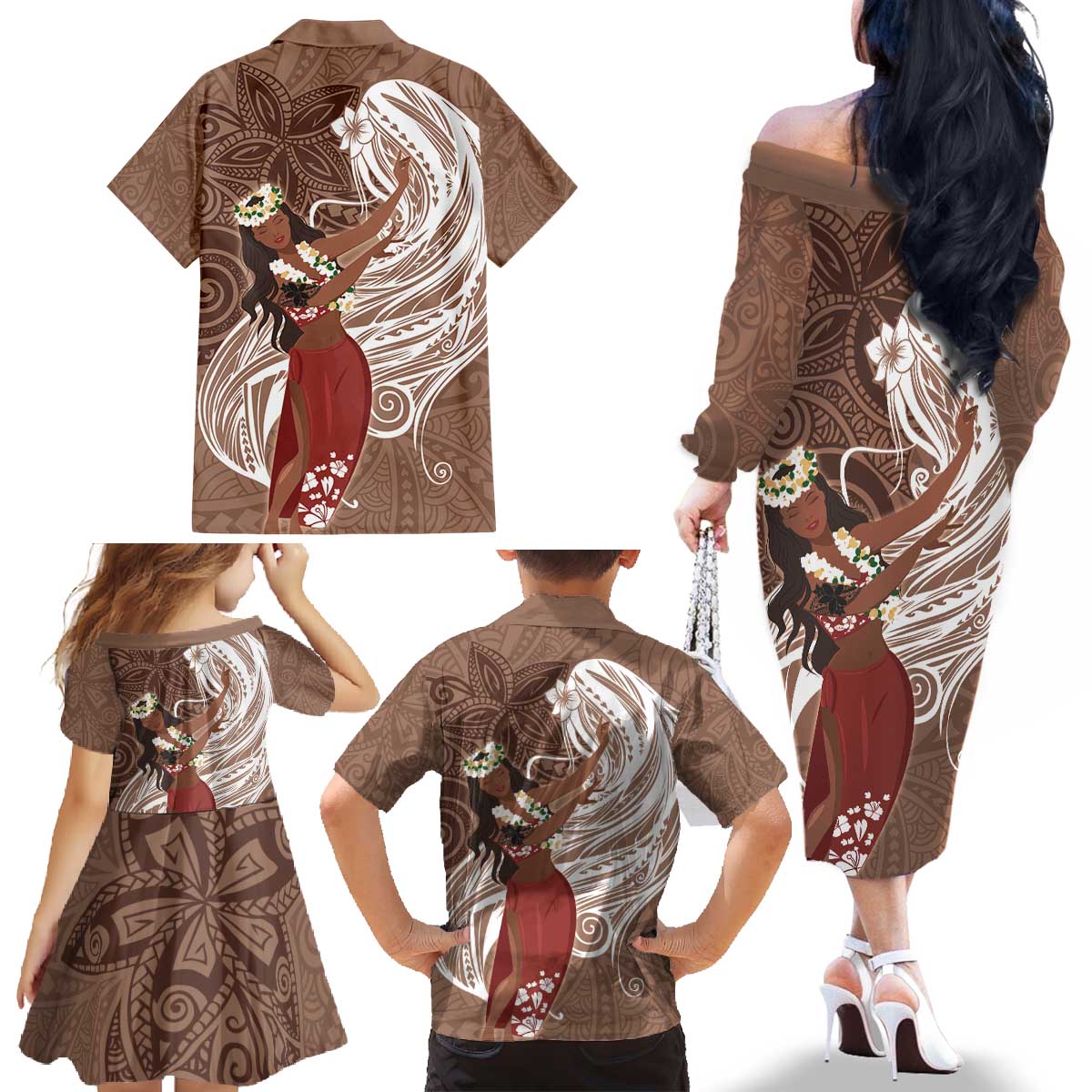 Tahiti Islands Polynesian Plumeria Family Matching Off The Shoulder Long Sleeve Dress and Hawaiian Shirt Tahitian Vahine 'Ote'a - Beige LT7 - Polynesian Pride