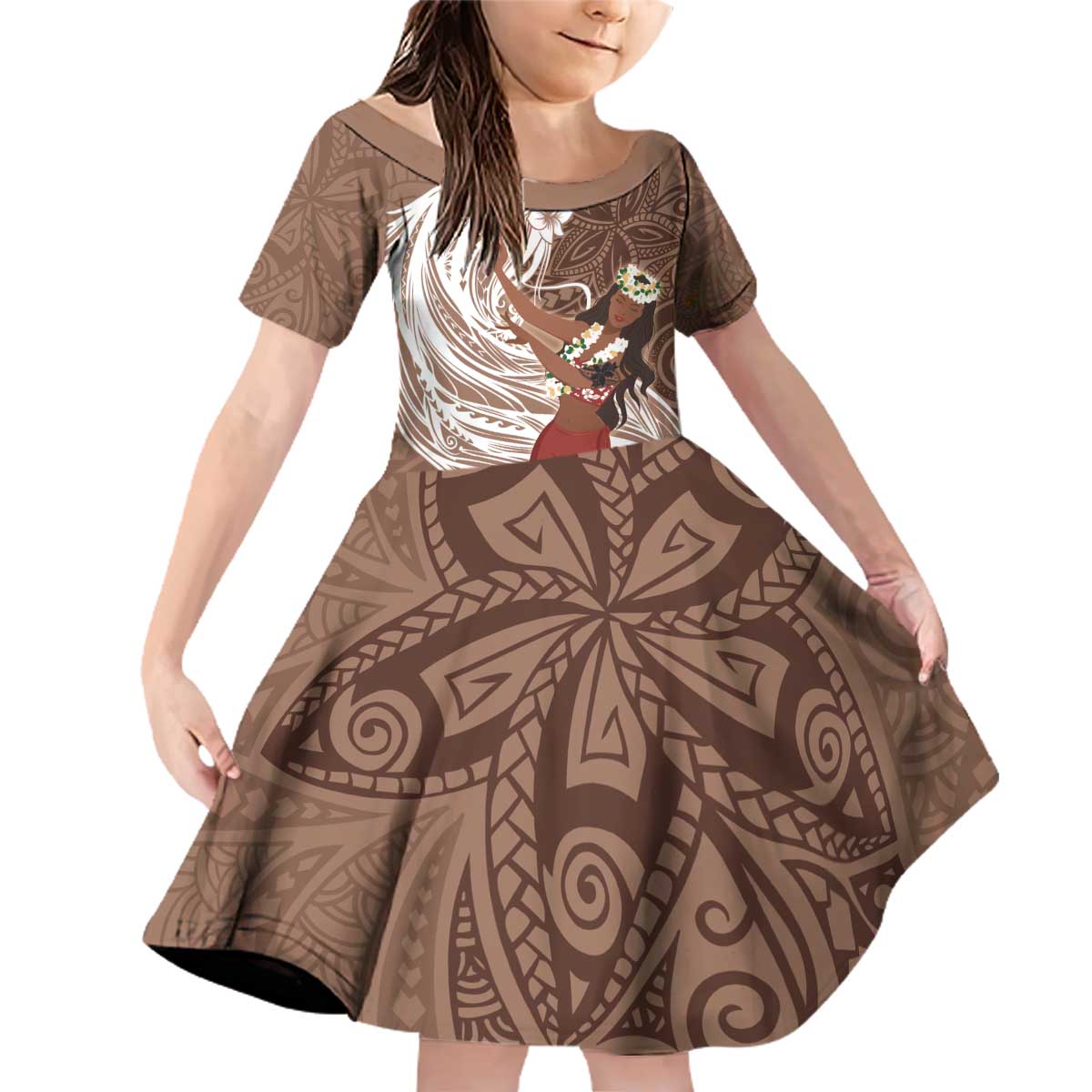 Tahiti Islands Polynesian Plumeria Family Matching Off Shoulder Short Dress and Hawaiian Shirt Tahitian Vahine 'Ote'a - Beige LT7 Daughter's Dress Beige - Polynesian Pride