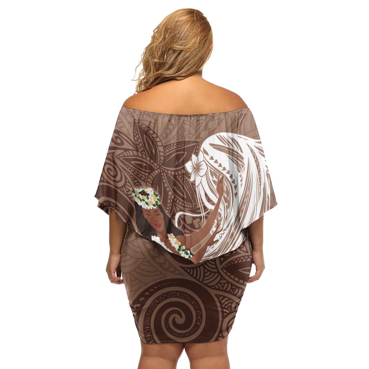 Tahiti Islands Polynesian Plumeria Family Matching Off Shoulder Short Dress and Hawaiian Shirt Tahitian Vahine 'Ote'a - Beige LT7 - Polynesian Pride
