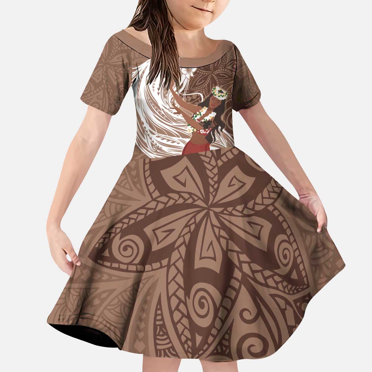 Tahiti Islands Polynesian Plumeria Family Matching Puletasi and Hawaiian Shirt Tahitian Vahine 'Ote'a - Beige LT7 Daughter's Dress Beige - Polynesian Pride