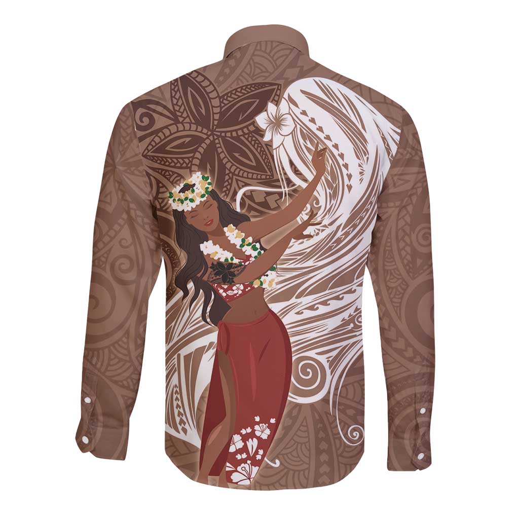 Tahiti Islands Polynesian Plumeria Long Sleeve Button Shirt Tahitian Vahine 'Ote'a - Beige