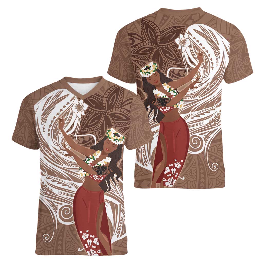 Tahiti Islands Polynesian Plumeria Women V-Neck T-Shirt Tahitian Vahine 'Ote'a - Beige