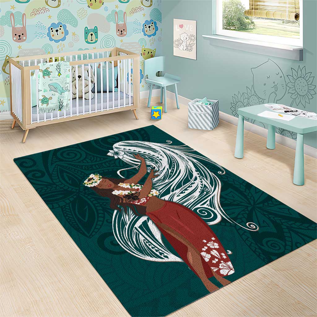 Tahiti Islands Polynesian Plumeria Area Rug Tahitian Vahine 'Ote'a - Teal