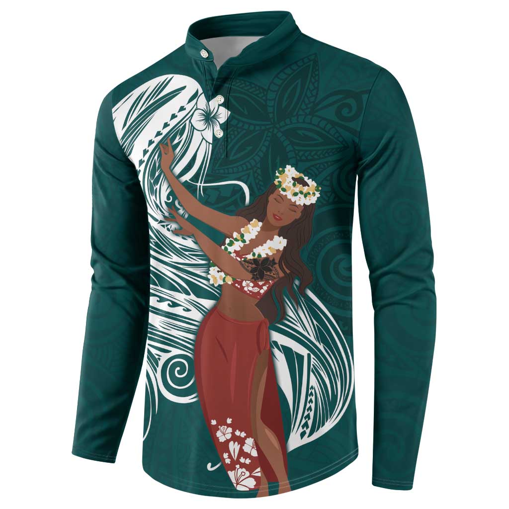 Tahiti Islands Polynesian Plumeria Button Sweatshirt Tahitian Vahine 'Ote'a - Teal