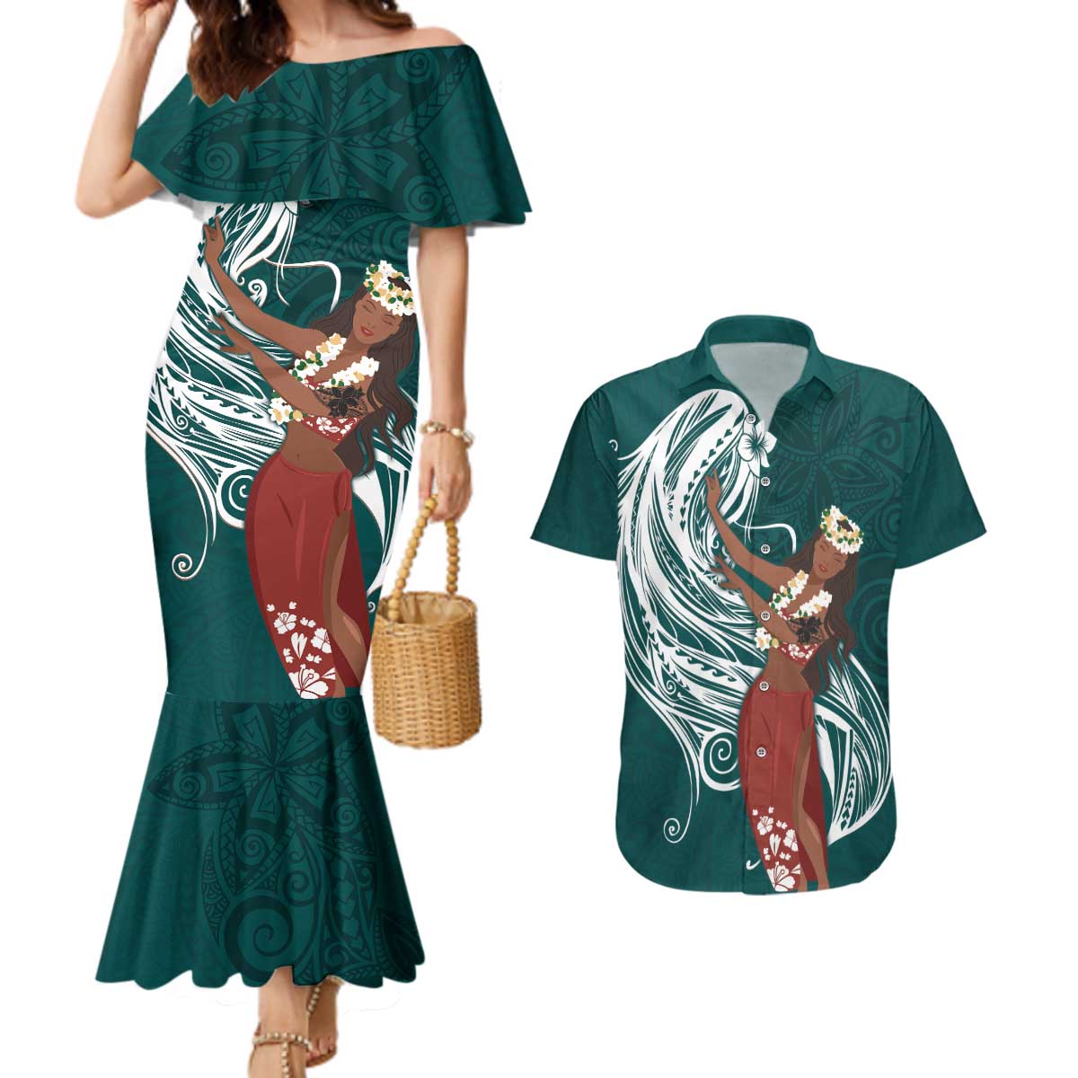 Tahiti Islands Polynesian Plumeria Couples Matching Mermaid Dress and Hawaiian Shirt Tahitian Vahine 'Ote'a - Teal LT7 Teal - Polynesian Pride