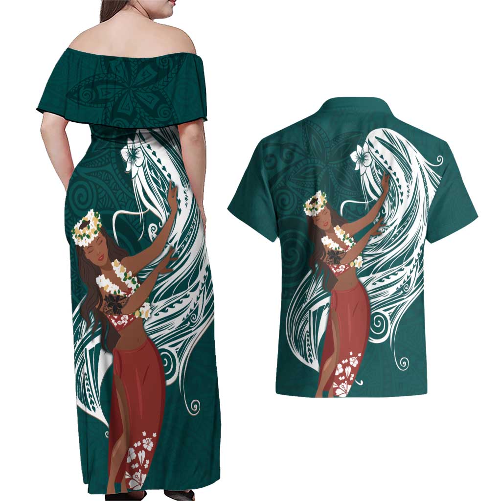 Tahiti Islands Polynesian Plumeria Couples Matching Off Shoulder Maxi Dress and Hawaiian Shirt Tahitian Vahine 'Ote'a - Teal LT7 - Polynesian Pride