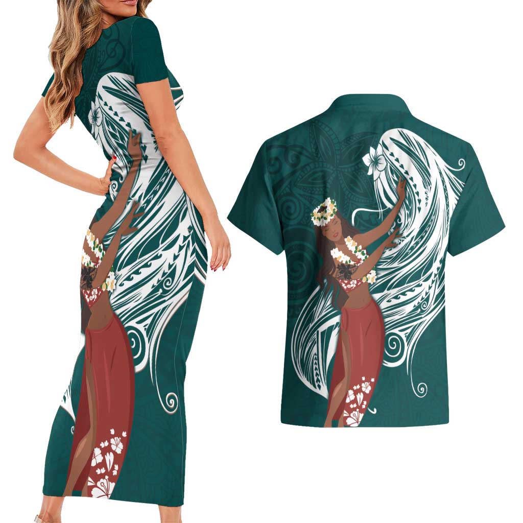 Tahiti Islands Polynesian Plumeria Couples Matching Short Sleeve Bodycon Dress and Hawaiian Shirt Tahitian Vahine 'Ote'a - Teal LT7 - Polynesian Pride