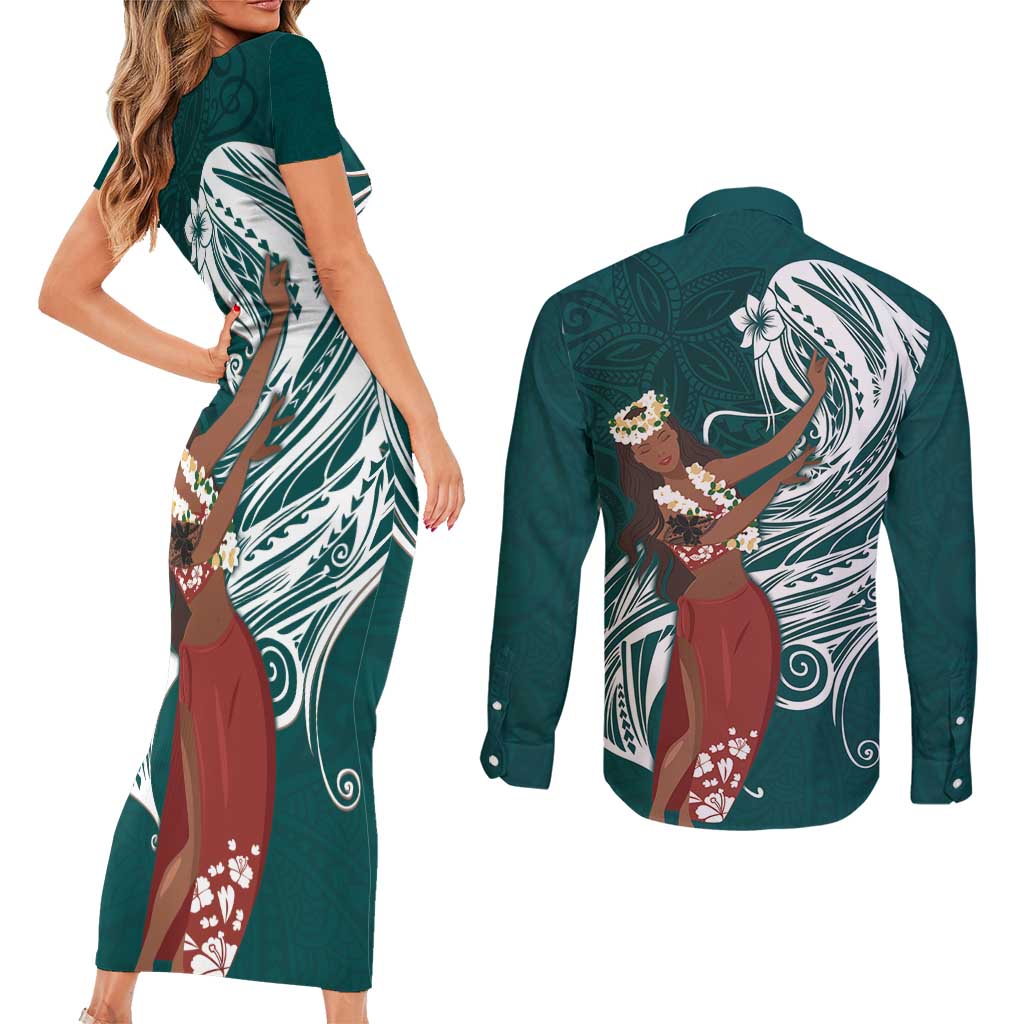 Tahiti Islands Polynesian Plumeria Couples Matching Short Sleeve Bodycon Dress and Long Sleeve Button Shirt Tahitian Vahine 'Ote'a - Teal