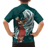 Tahiti Islands Polynesian Plumeria Family Matching Off The Shoulder Long Sleeve Dress and Hawaiian Shirt Tahitian Vahine 'Ote'a - Teal LT7 - Polynesian Pride