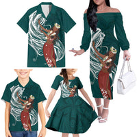 Tahiti Islands Polynesian Plumeria Family Matching Off The Shoulder Long Sleeve Dress and Hawaiian Shirt Tahitian Vahine 'Ote'a - Teal LT7 - Polynesian Pride