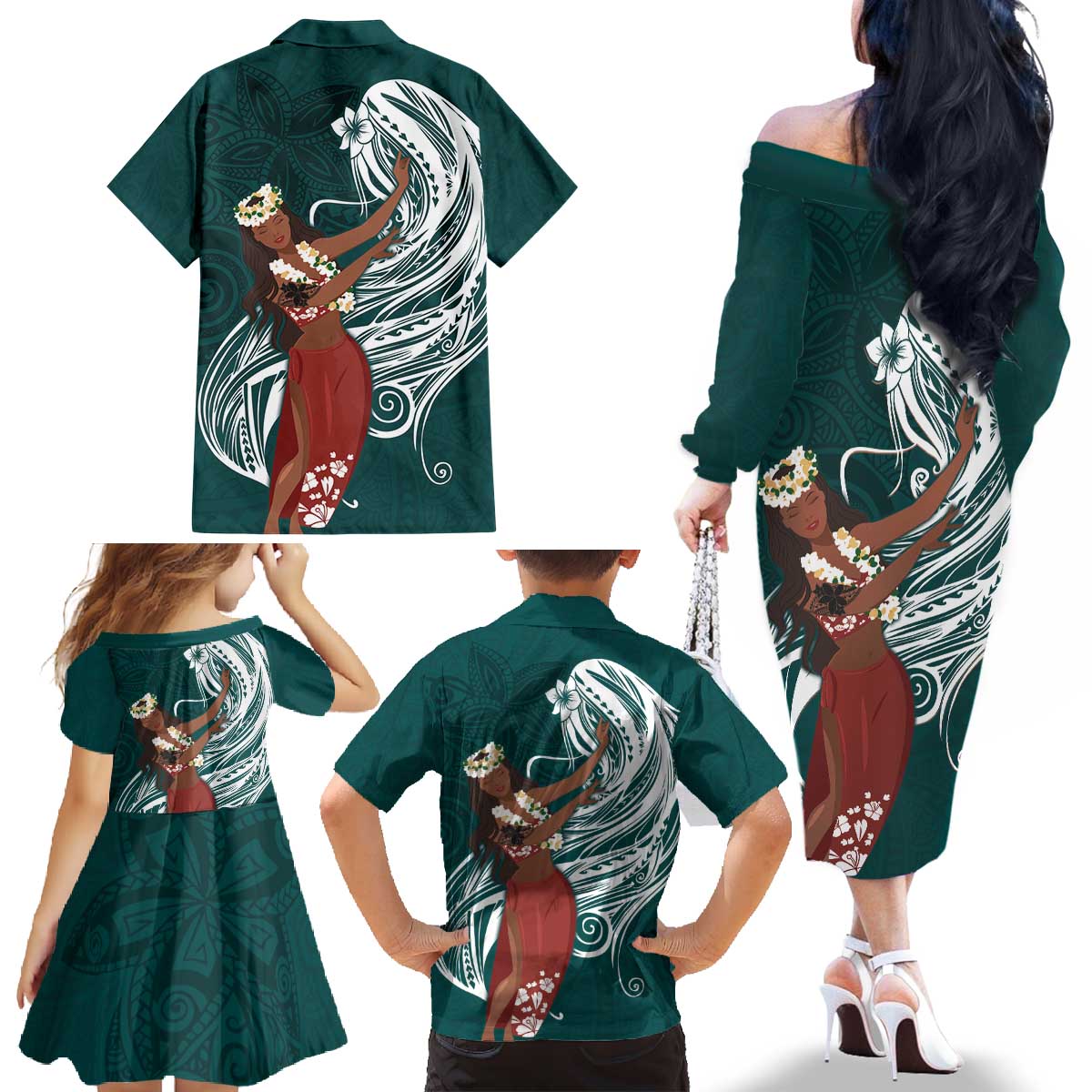 Tahiti Islands Polynesian Plumeria Family Matching Off The Shoulder Long Sleeve Dress and Hawaiian Shirt Tahitian Vahine 'Ote'a - Teal LT7 - Polynesian Pride