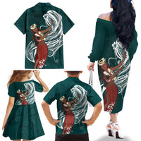 Tahiti Islands Polynesian Plumeria Family Matching Off The Shoulder Long Sleeve Dress and Hawaiian Shirt Tahitian Vahine 'Ote'a - Teal LT7 - Polynesian Pride